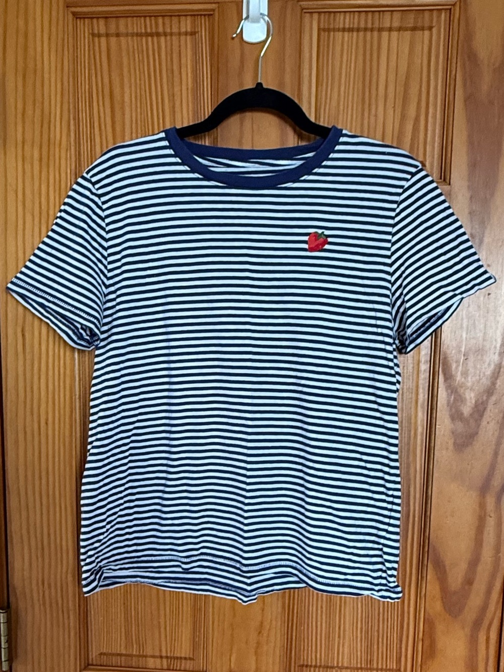 J. Crew, Striped Navy and White Crewneck T-Shirt with Strawberry Patch, Size Lar